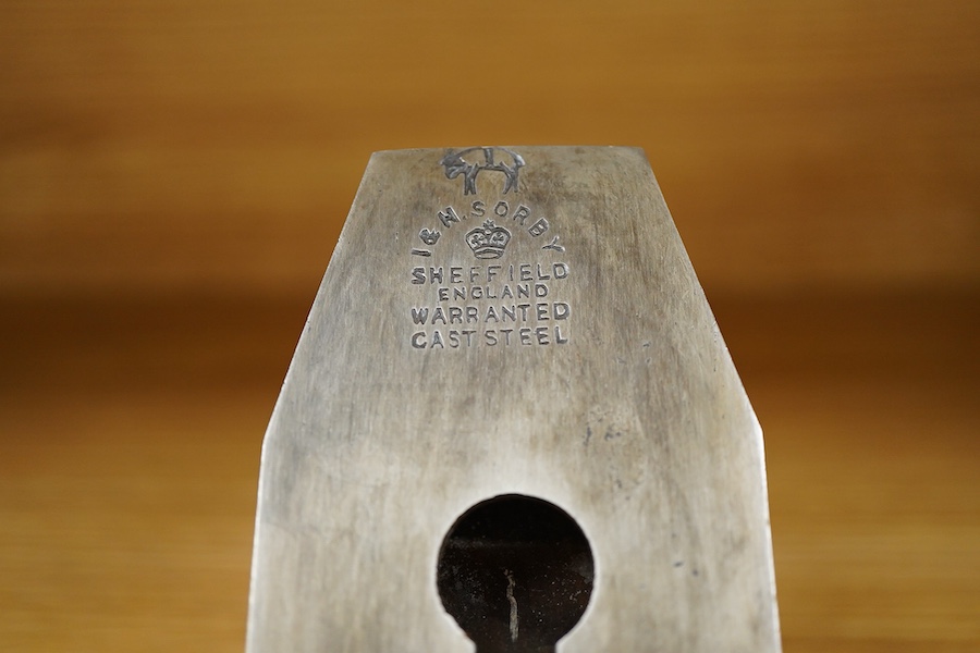 A Spiers dovetailed 14 1/2” panel plane, stamped with Spiers, Ayr to the brass lever cap and fitted with a Sorby iron, with rosewood infill